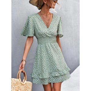 Boho Polka Dot Short Sleeve Ruffle Summer Sun Dress Mini Green